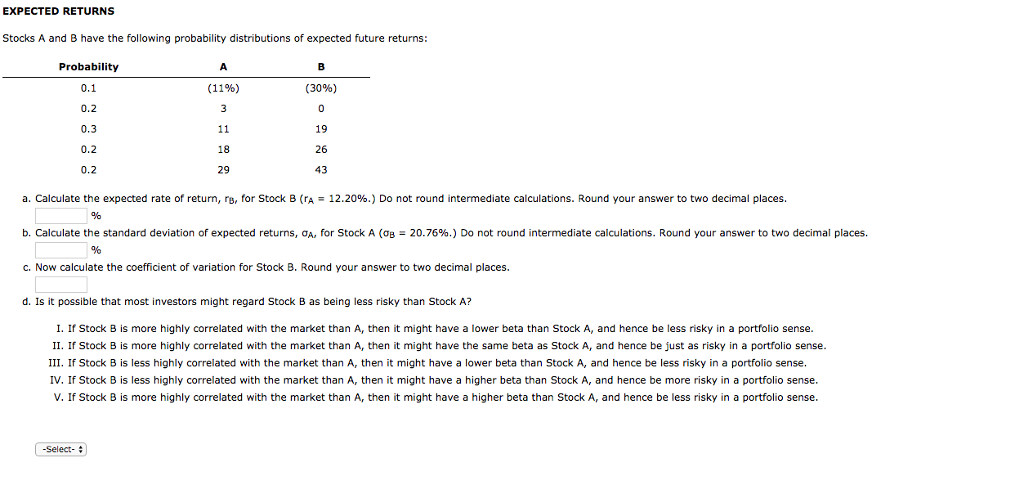 EXPECTED RETURNS Stocks A and B have the following probability distributions