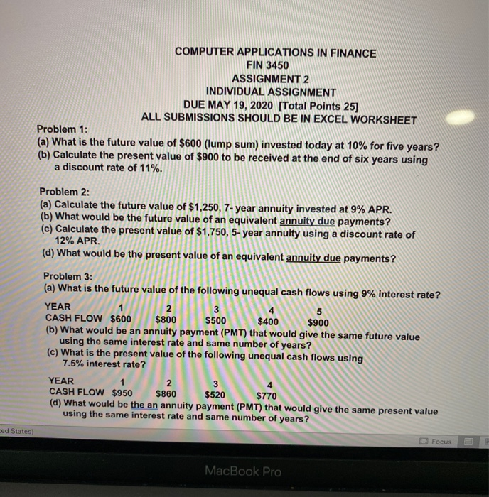  COMPUTER APPLICATIONS IN FINANCE FIN 3450 ASSIGNMENT 2 INDIVIDUAL ASSIGNMENT DUE