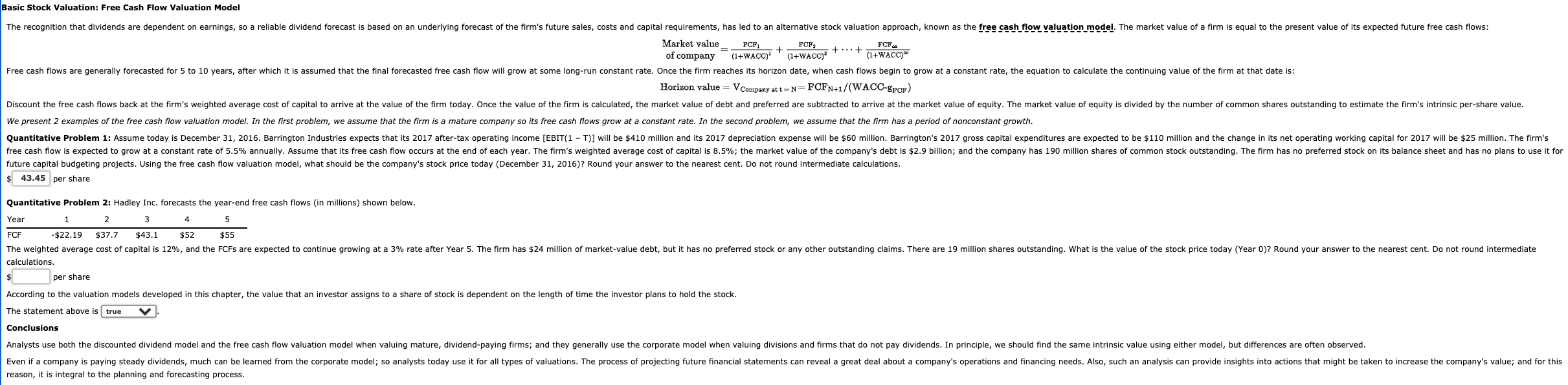 Basic Stock Valuation: Free Cash Flow Valuation Model The recognition that