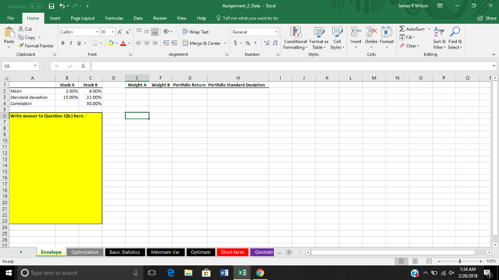  (a.) you are given data on two stocks. Plot the Markowitz