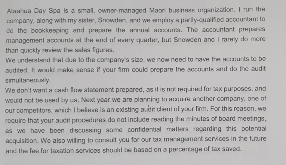 a firm of Chartered Accountants. You are preparing the engagement letter for