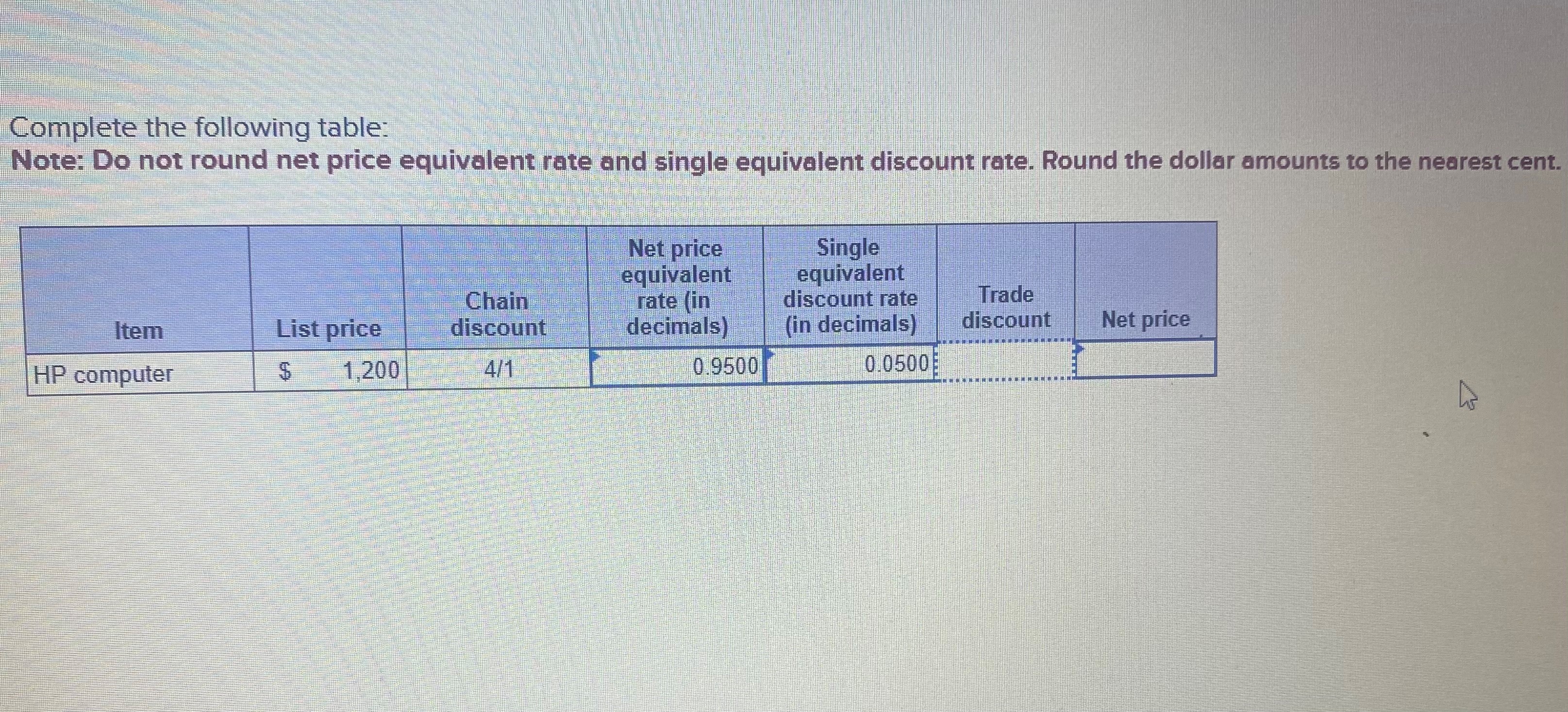  Complete the following table: Note: Do not round net price equivalent