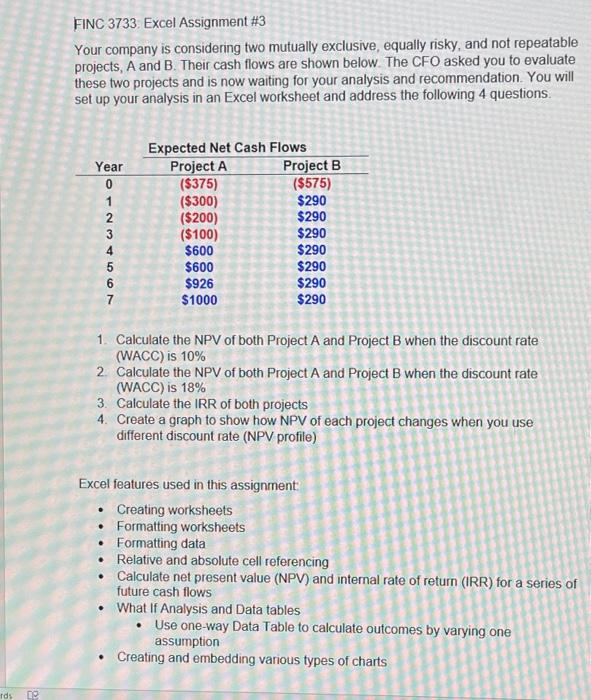 rds 2 DO FINC 3733 Excel Assignment #3 Your company is