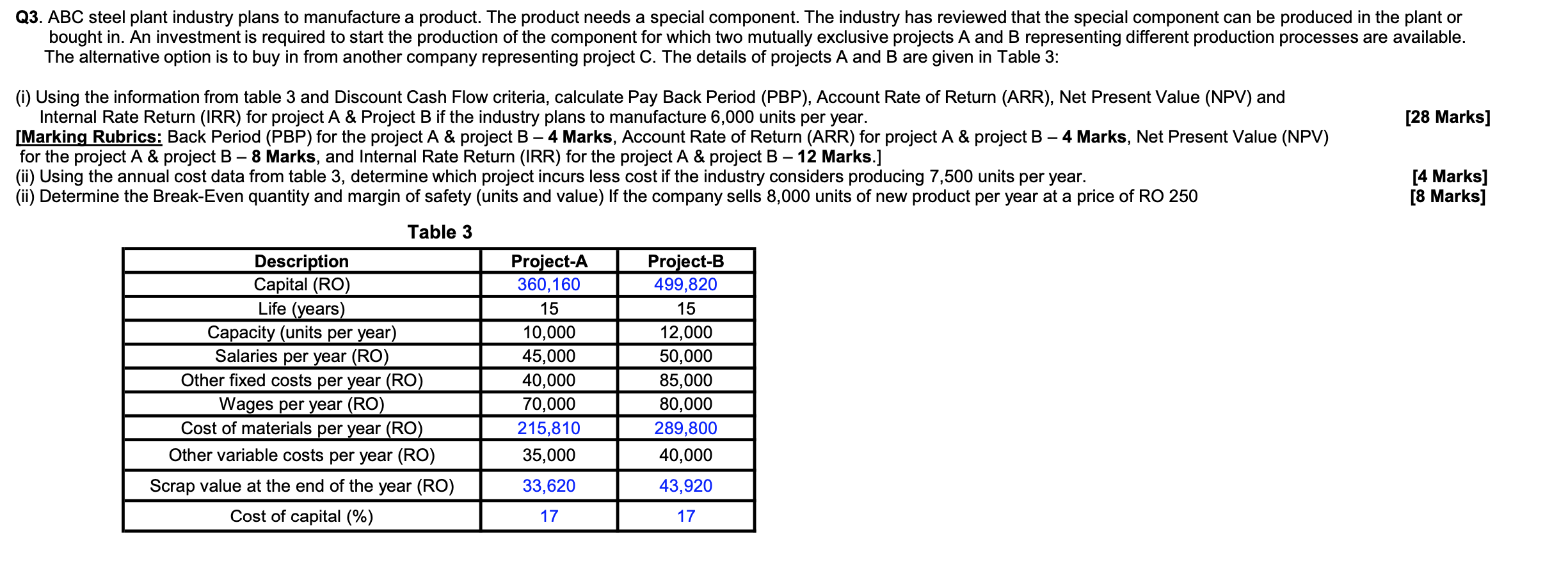 1. Using the information from table 3 and Discount Cash Flow criteria,