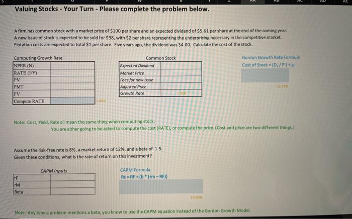  AD Valuing Stocks - Your Turn - Please complete the problem