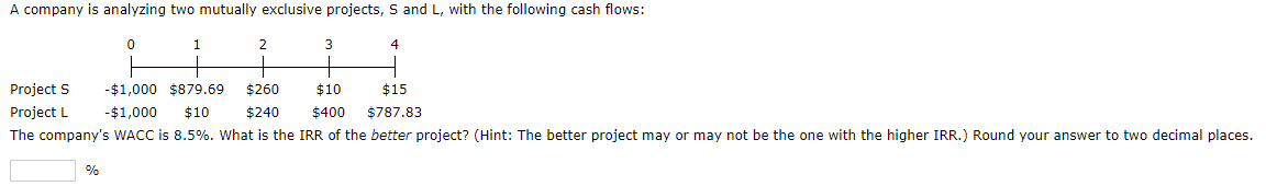 A company is analyzing two mutually exclusive projects, S and L,