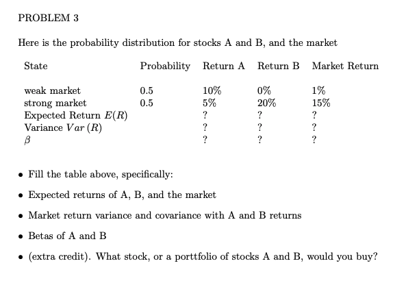  PROBLEM 3 Here is the probability distribution for stocks A and