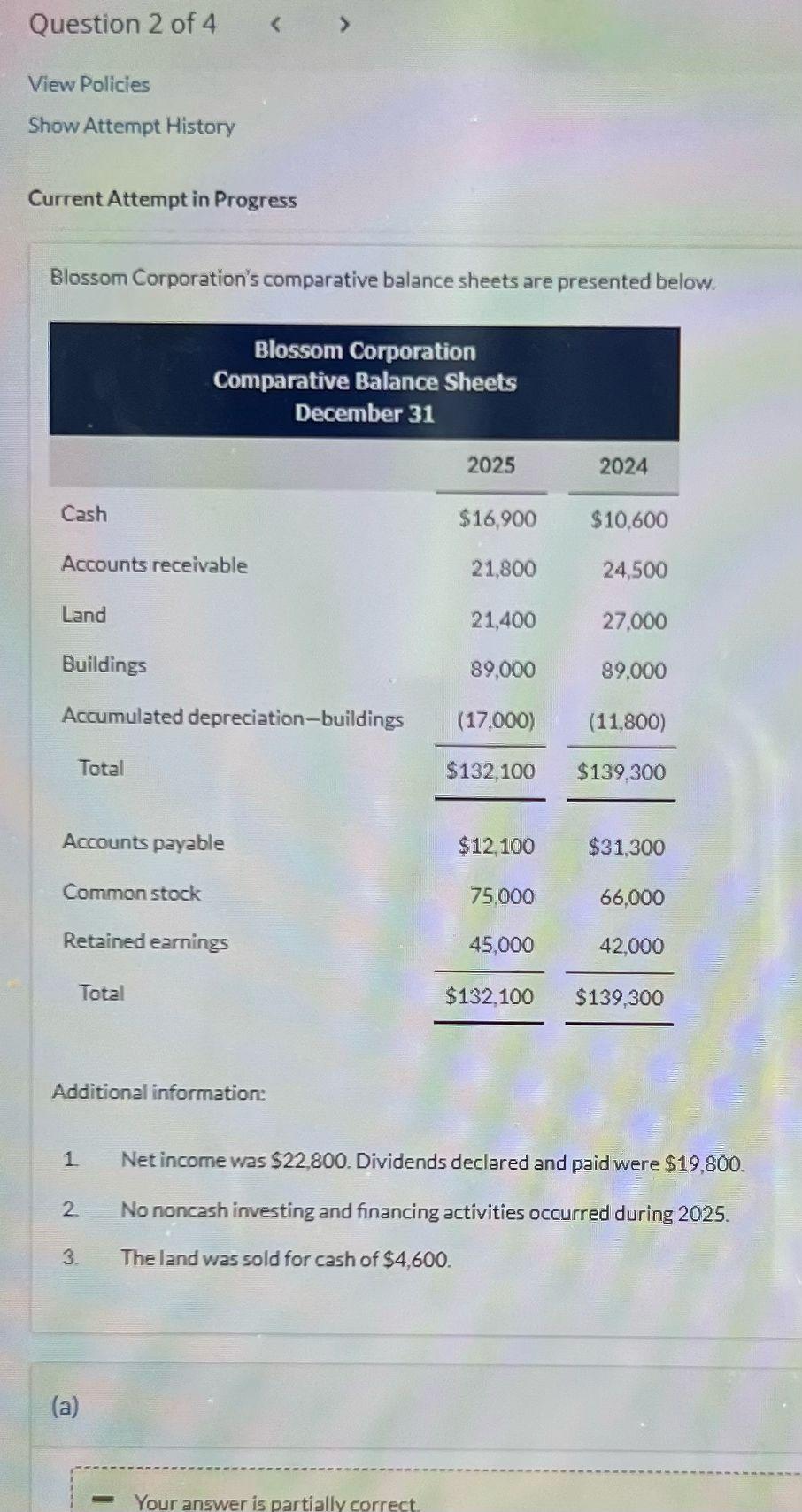  help asap, wrong Current Attempt in Progress Blossom Corporation's comparative balance