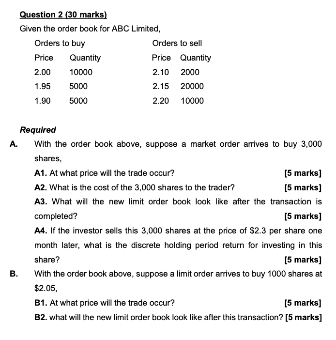 Question 2 (30 marks) Given the order book for ABC Limited,