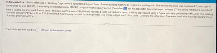 URGENT Initial cash flow: Basic calculation Cushing Comporation is considering the purchase