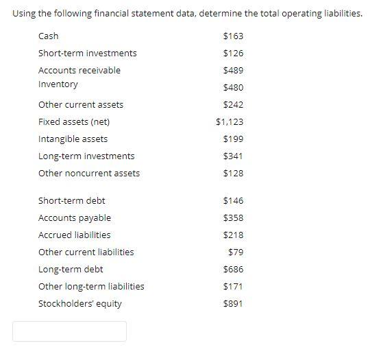 Using the following financial statement data, determine the total operating liabilities.