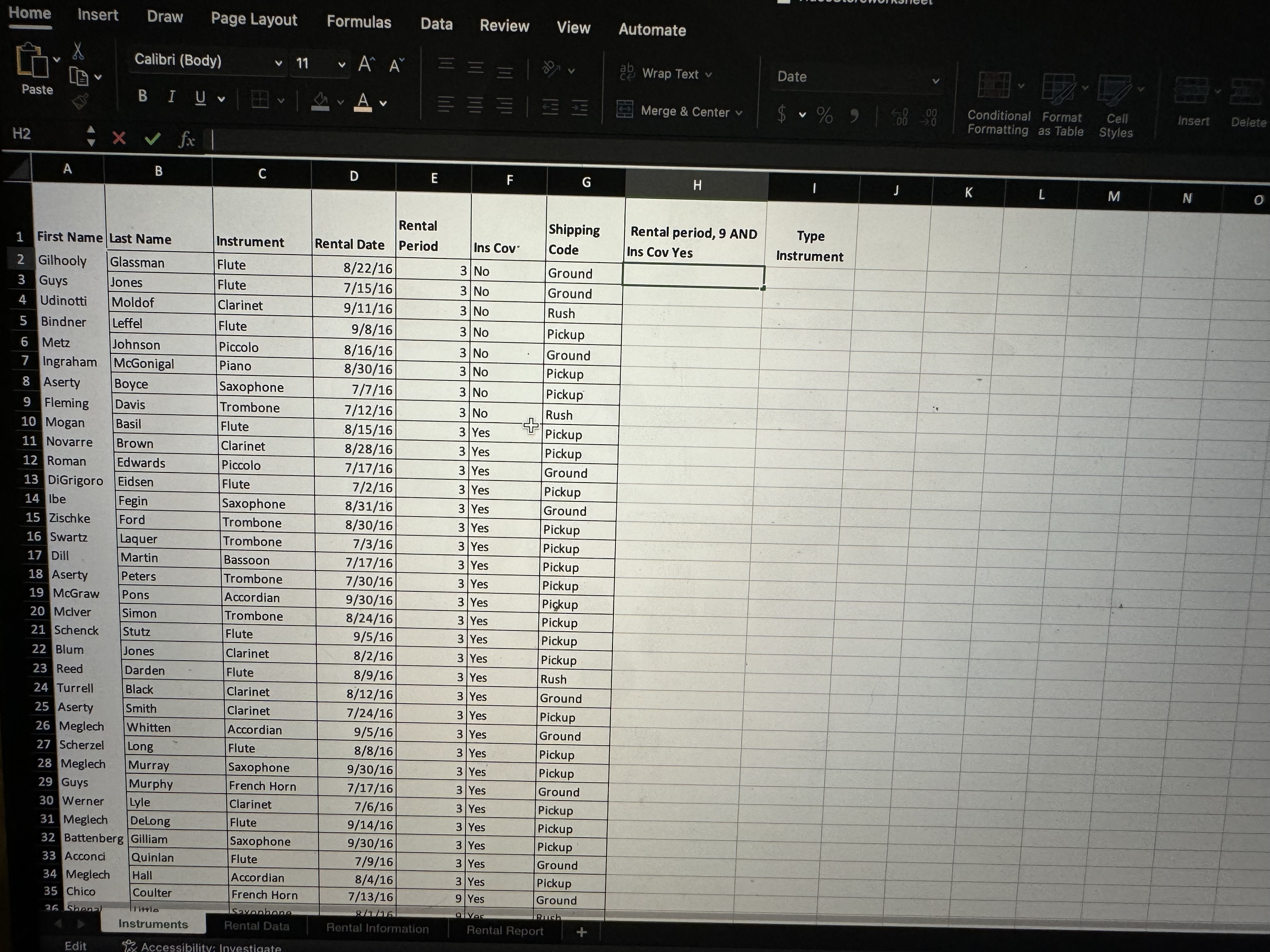  Open the Instruments Worksheet Home Insert Draw Page Layout Formulas Data