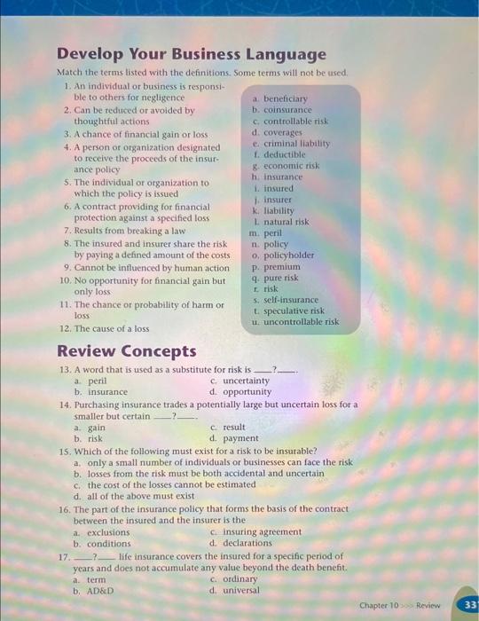  Develop Your Business Language Match the terms listed with the definitions.