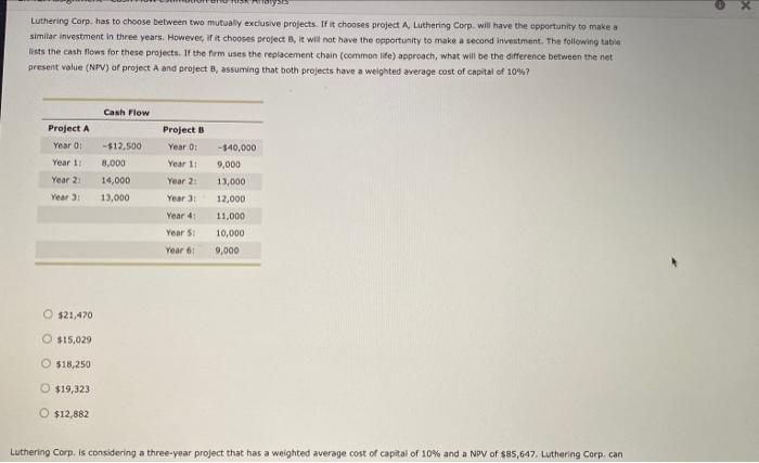  Luthering Corp. has to choose between two mutually exclusive projects. If