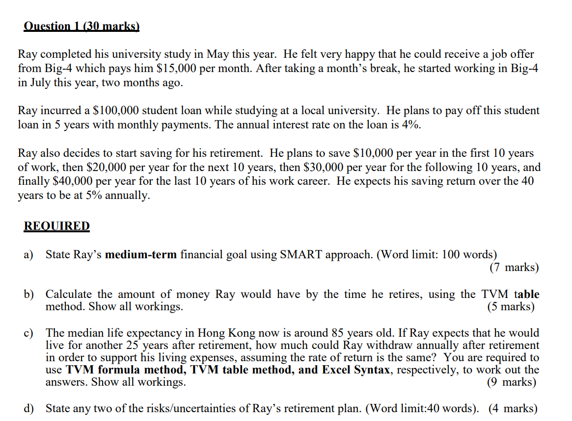 Question 1 (30 marks) Ray completed his university study in May