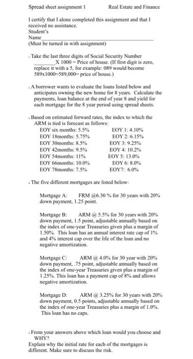  Spread sheet assignment Real Estate and Finance I certify that I
