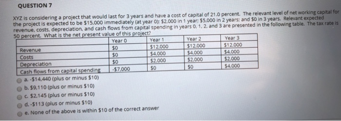  QUESTION 7 XYZ is considering a project that would last for