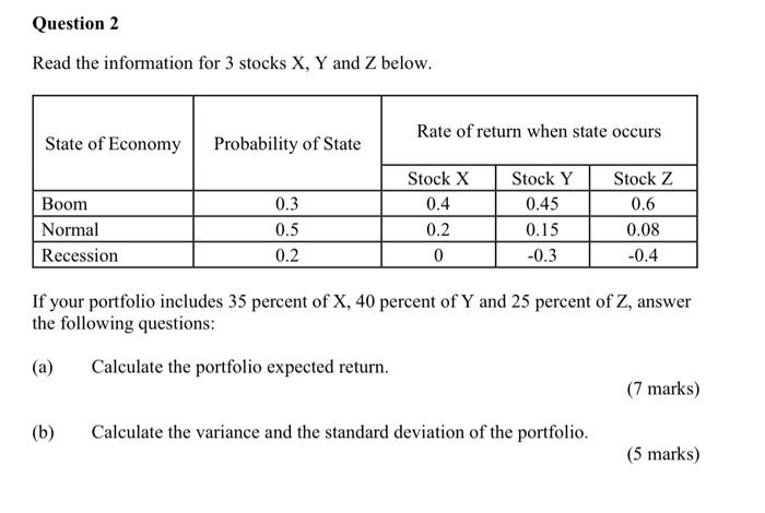  Question 2 Read the information for 3 stocks X, Y and