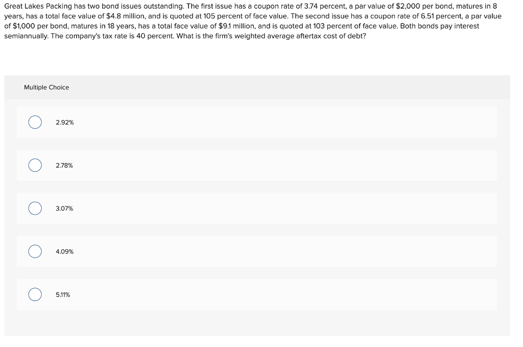  Great Lakes Packing has two bond issues outstanding. The first issue