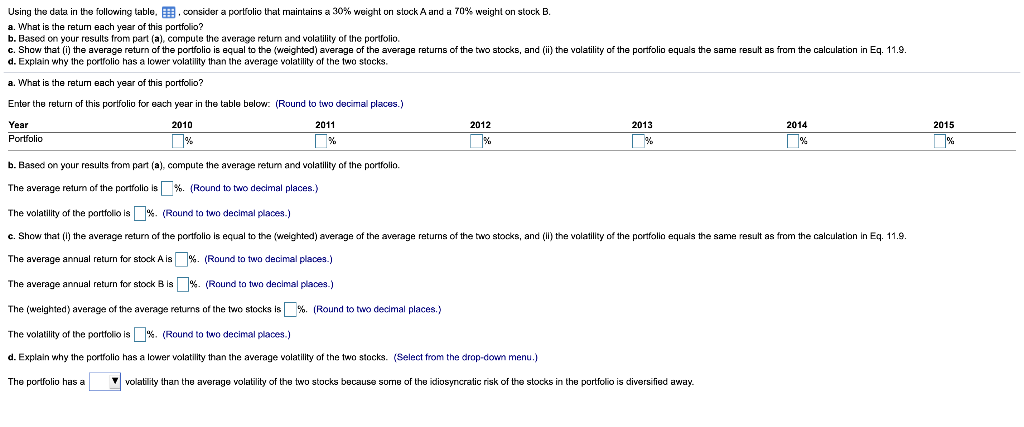  Using the data in the following table. . consider a portfolio