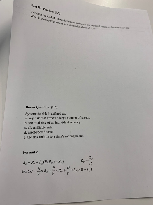  Part III: Problem.9.5) Consider the CAPM. The risk-free expected return on