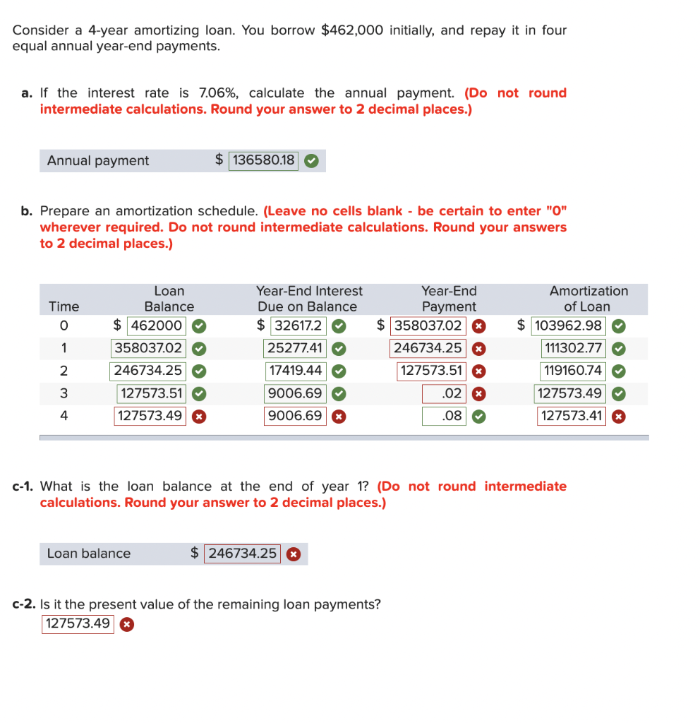  Consider a 4-year amortizing loan. You borrow $462,000 initially, and repay