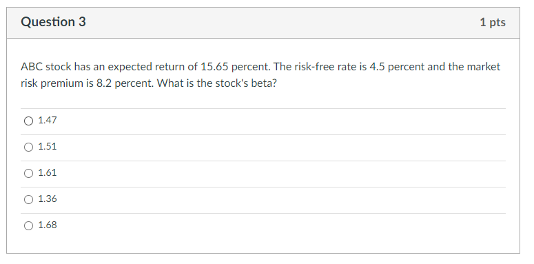  Question 3 1 pts ABC stock has an expected return of