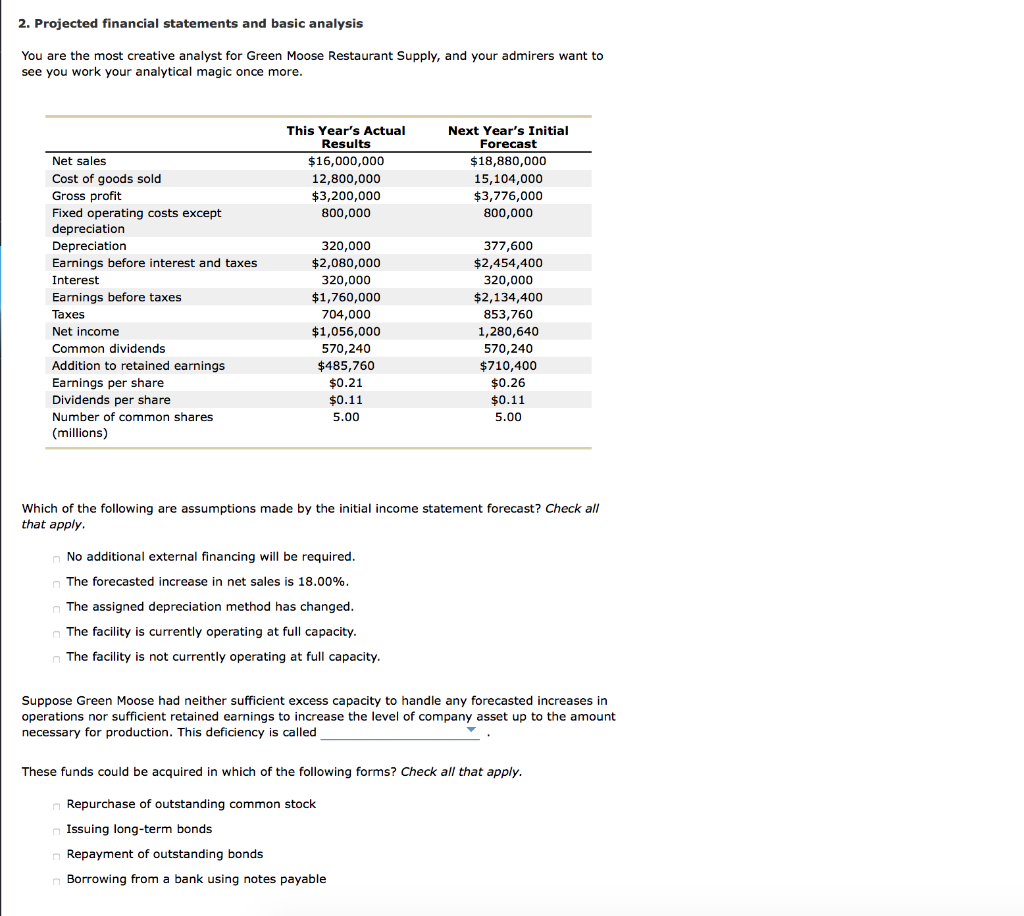  2. Projected financial statements and basic analysis You are the most