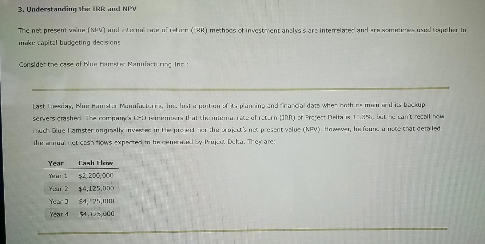  3. Understanding the IRR and NPV The net present value (NPV)