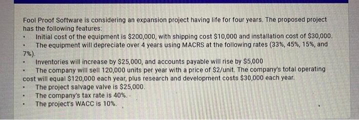  . Fool Proof Software is considering an expansion project having life