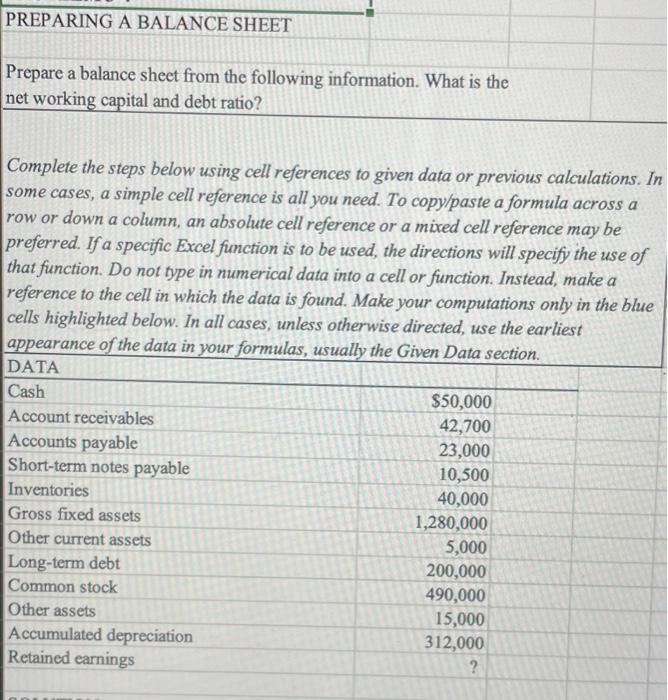 please show work or how to enter formula in excel. ty PREPARING