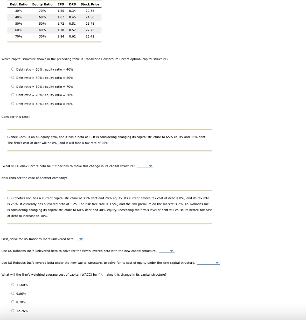 please answer and label each question.ty 1. 2. Debt Ratio Equity Ratio