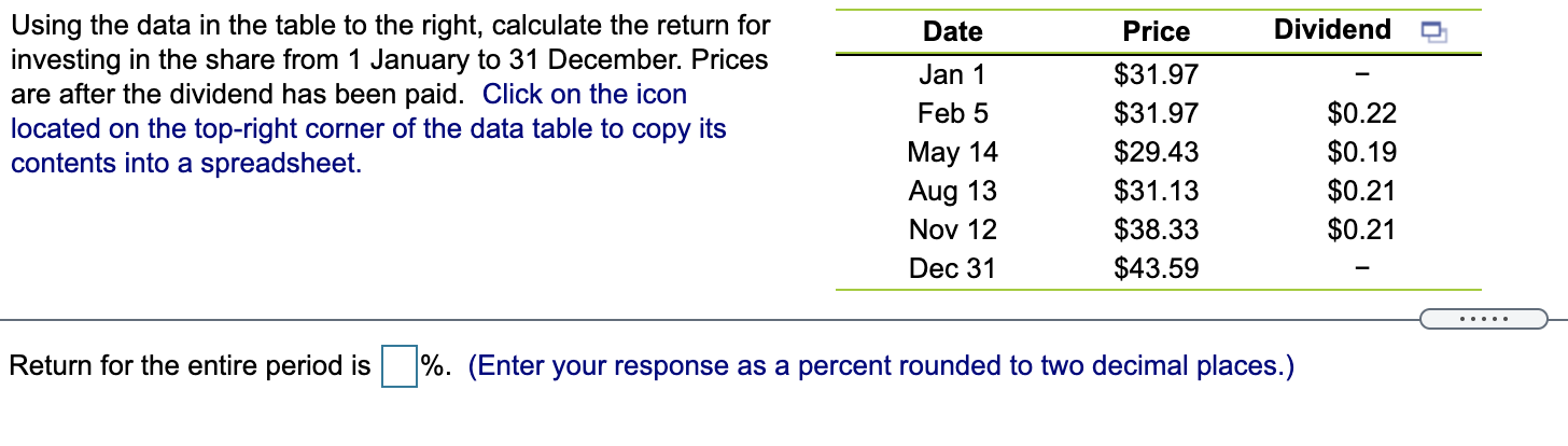  Date Dividend Using the data in the table to the right,