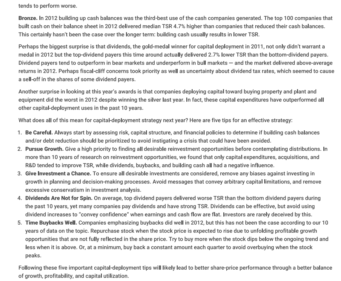 achieve higher TSR by making acquisitions or stockpiling cash? Why or why