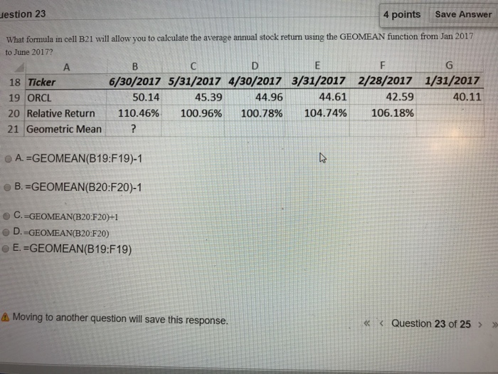  estion 23 4 points Save Answer What formula in cell B21