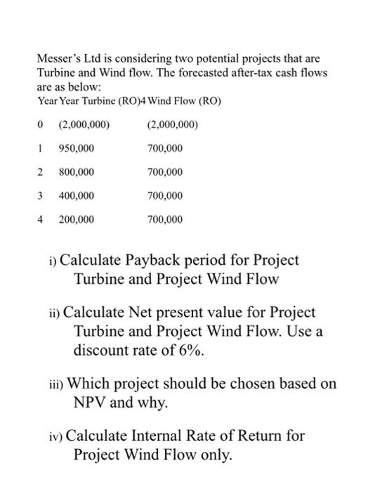  Messer's Ltd is considering two potential projects that are Turbine and