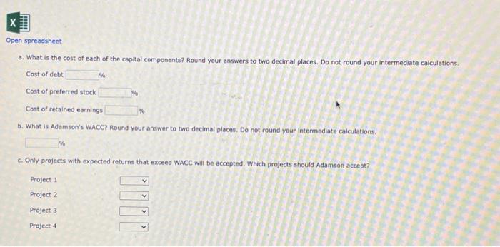 WACC and optimal capital budget Adamson Corporation is considering four average-risk projects