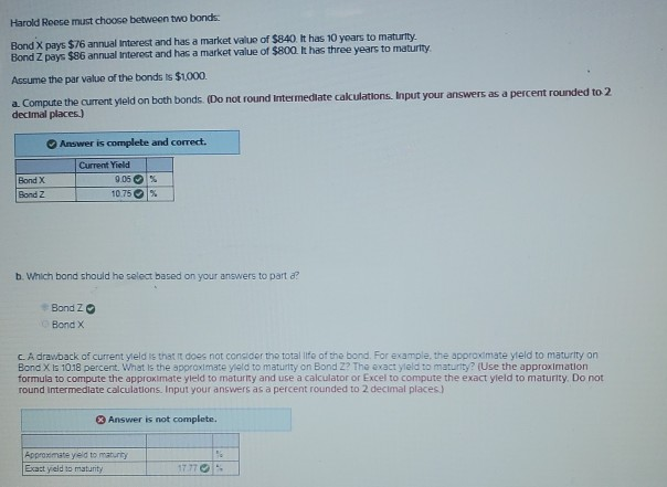 need the answer to C approximate yield to maturity Harold Reese