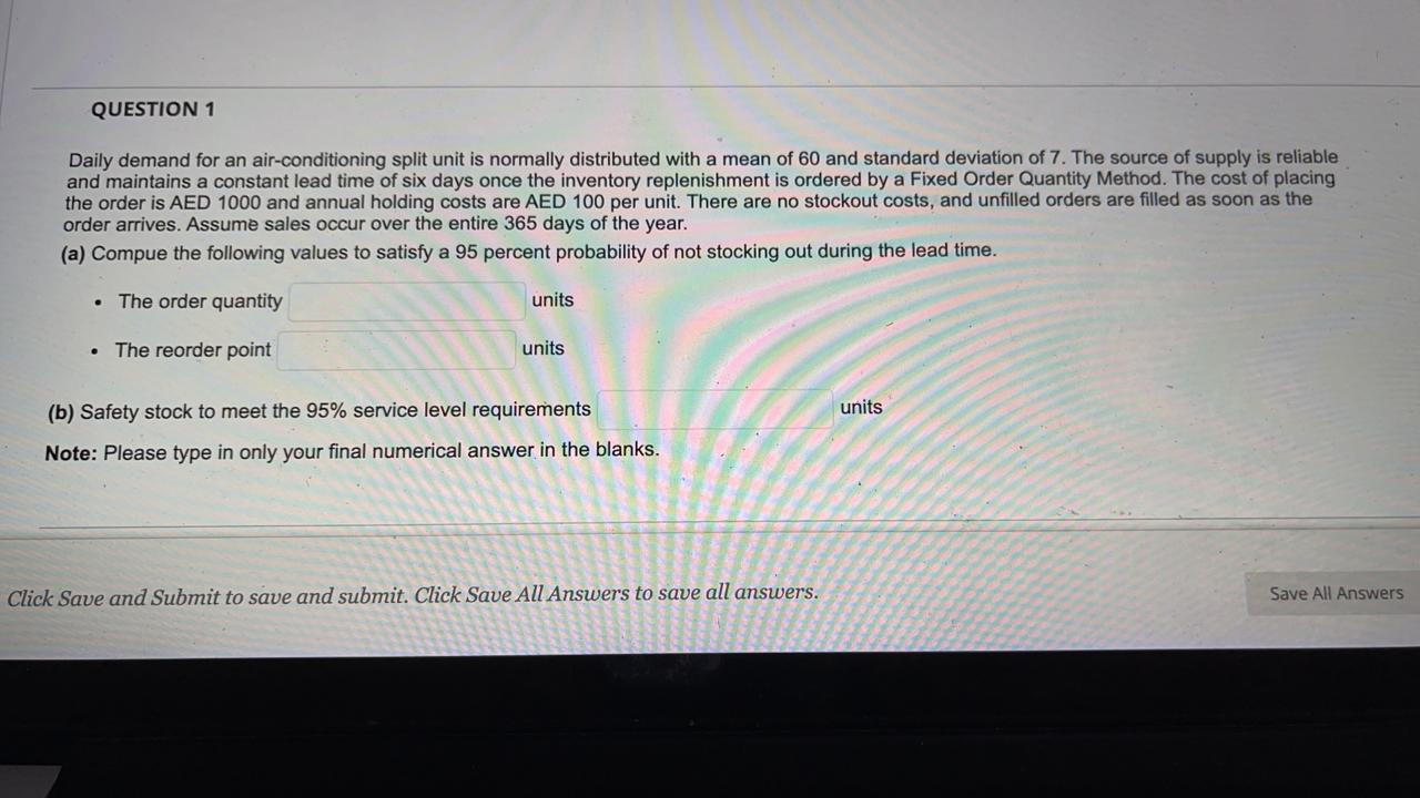 QUESTION 1 Daily demand for an air-conditioning split unit is normally
