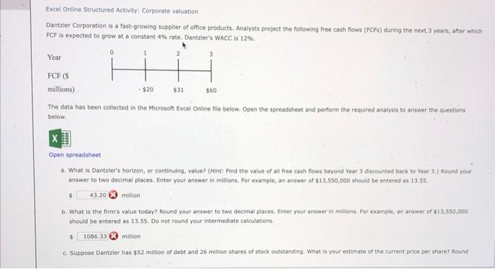 questions below. Open spreadsheet a. What is Dantzler's horizon, or continuing, value?