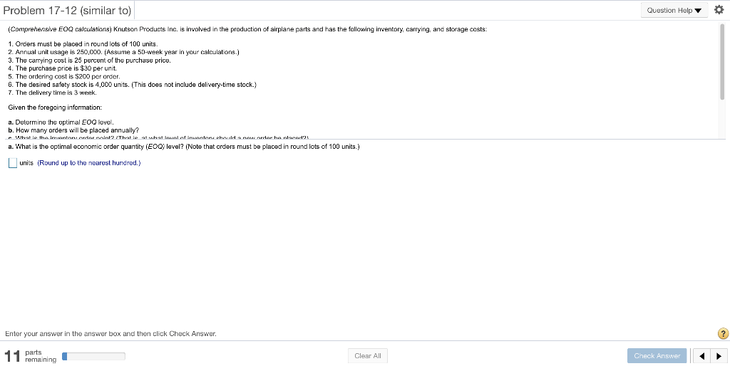 part apart b help Question Help Problem 17-12 (similar to) (Comprehensive EOQ