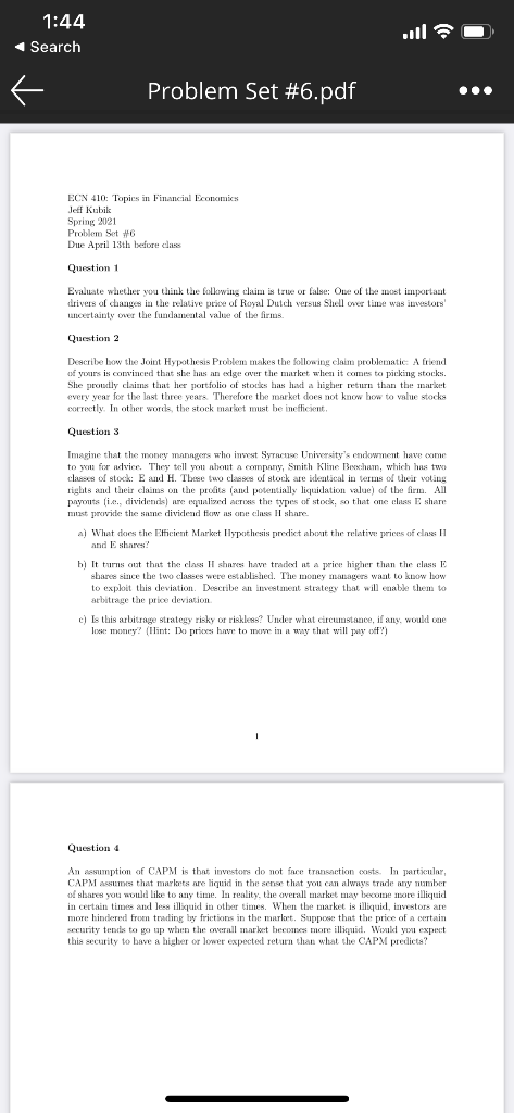 Answer question 1 to 4 1:44 Search U Problem Set #6.pdf ...