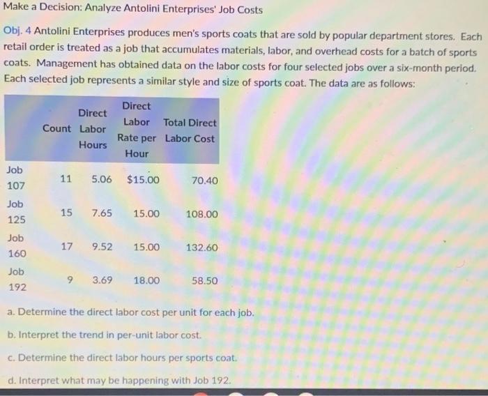 Make a Decision: Analyze Antolini Enterprises' Job Costs Obj. 4 Antolini