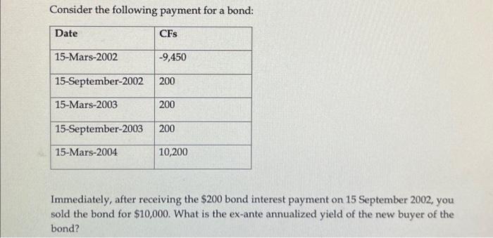  Consider the following payment for a bond: Immediately, after receiving the