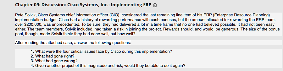Chapter 09: Discussion: Cisco Systems, Inc.: Implementing ERP Pete Solvik, Cisco