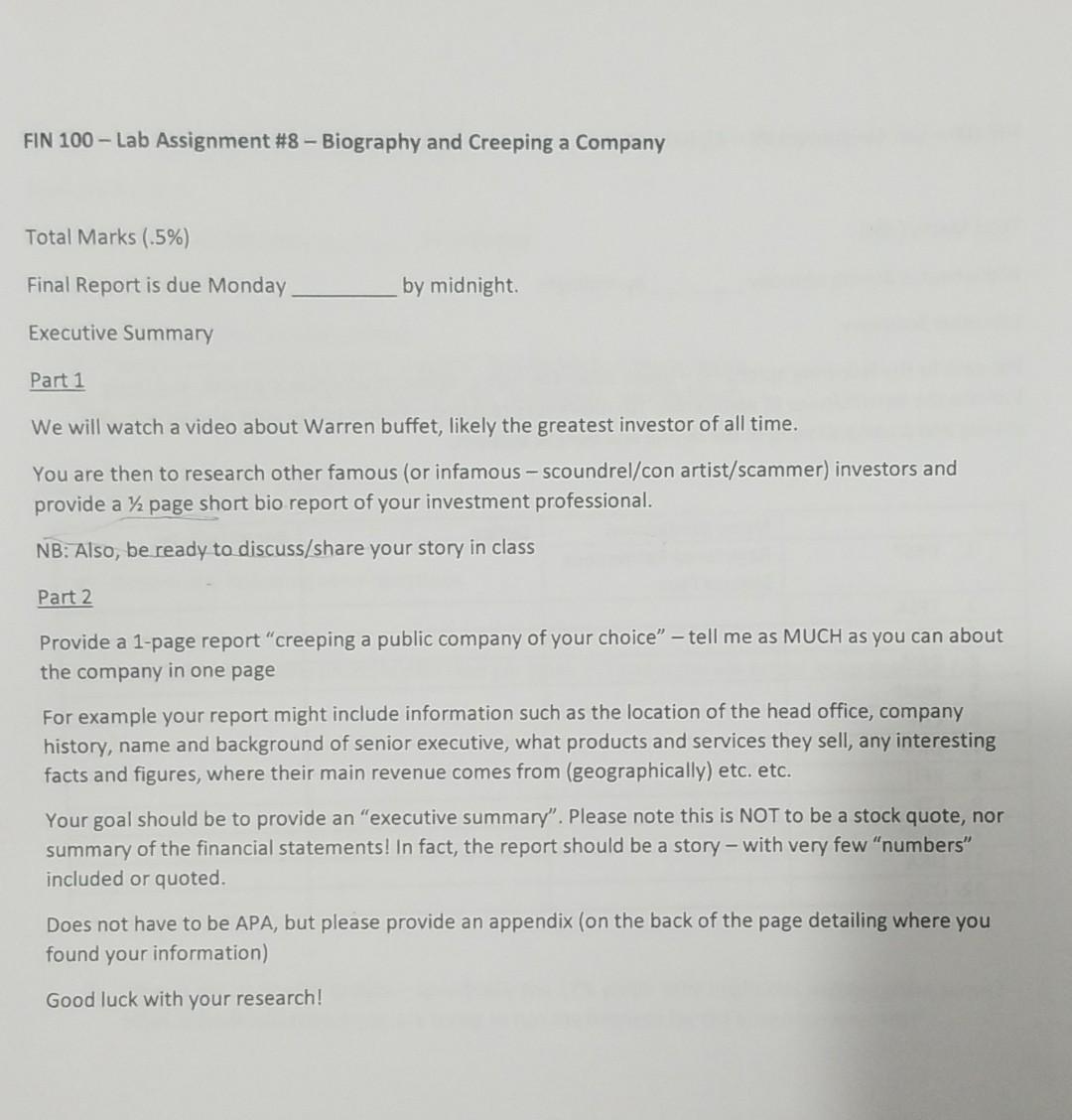  FIN 100 - Lab Assignment #8 - Biography and Creeping a