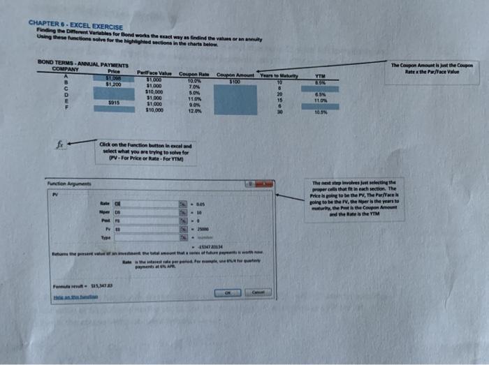 please show what cells and formula in excel CHAPTER 6 - EXCEL