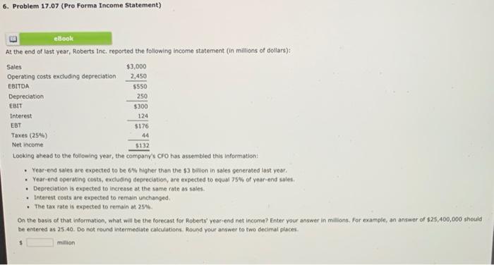  6. Problem 17.07 (Pro Forma Income Statement) eBook At the end