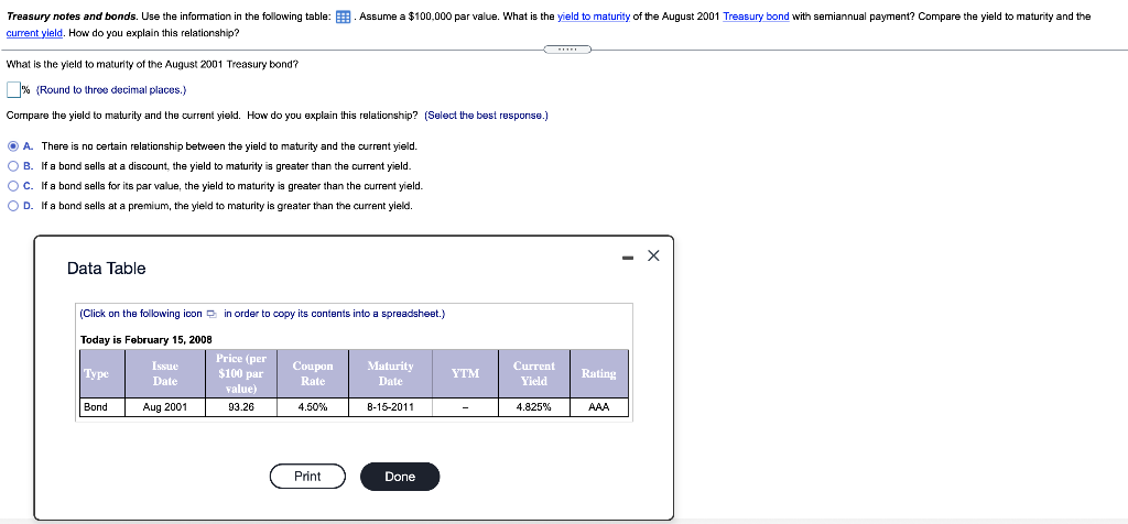please solve using excel Treasury notes and bonds. Use the information in
