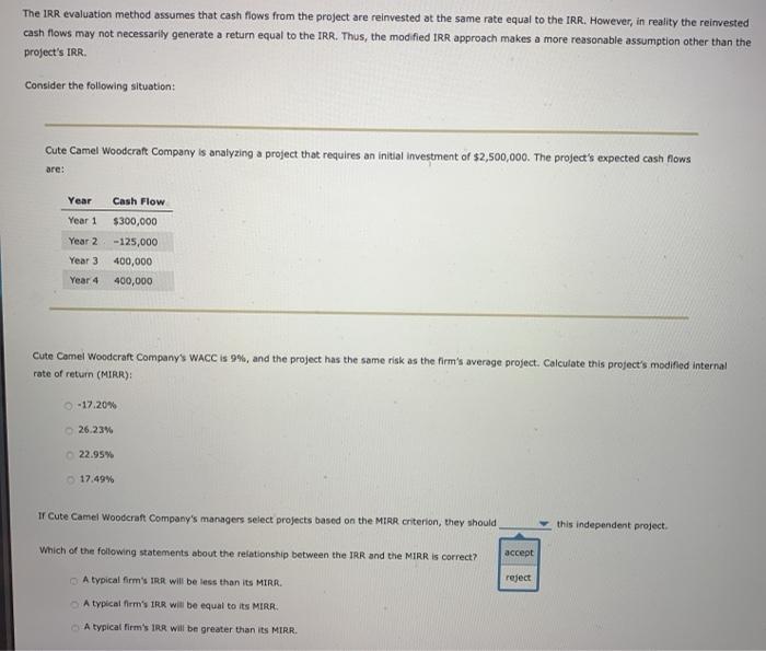  The IRR evaluation method assumes that cash flows from the project